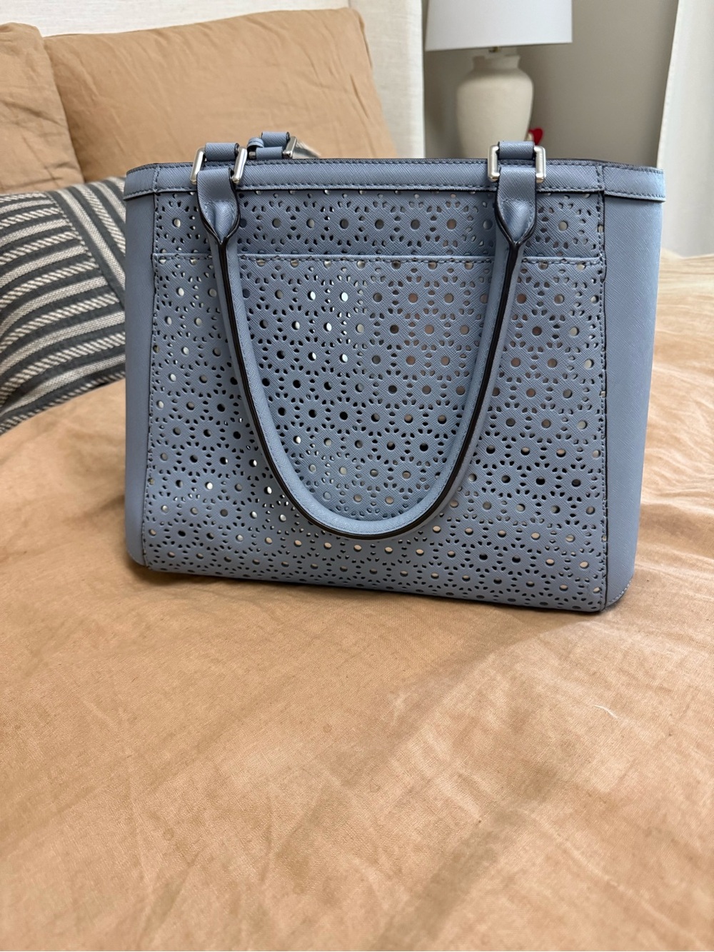 Calvin Klein Perforated Floral Tote Bag in Dusty Blue